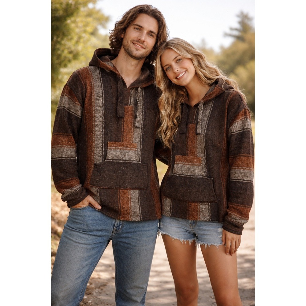 San Jose Baja Hoodie Brown Striped‎ Mexican Poncho Unisex Medium Made in Mexico